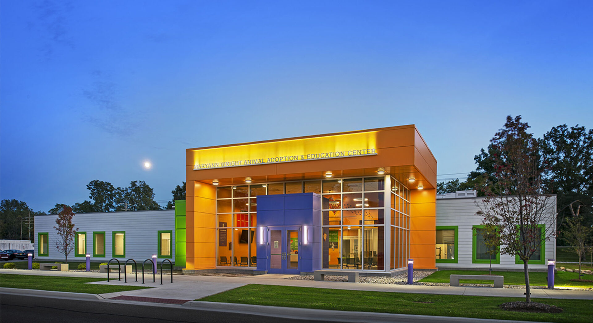 friends for animals metro detroit exterior facade colorful with bold orange blue and green geometric shapes