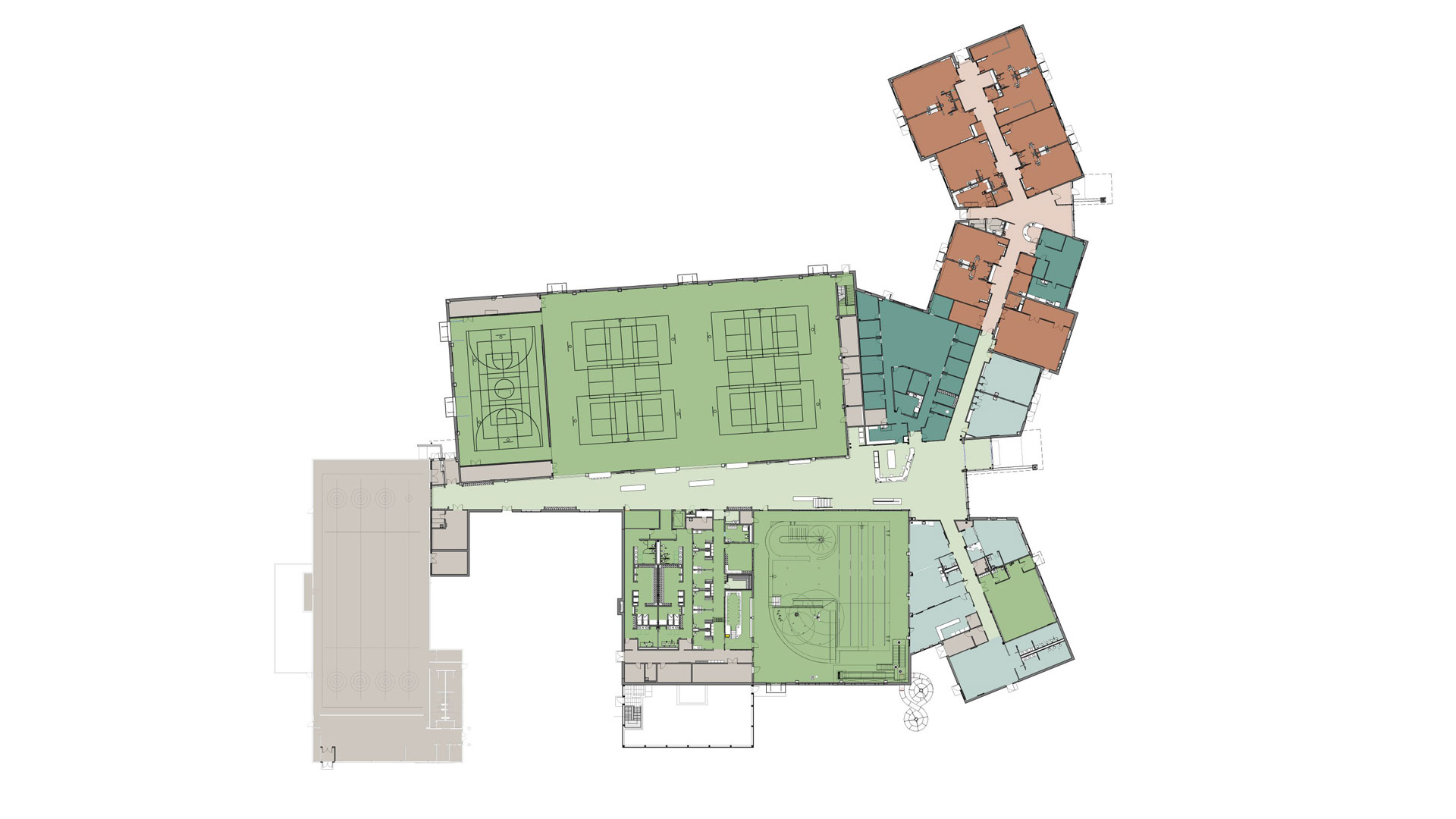 community center floor plan based on three primary wings