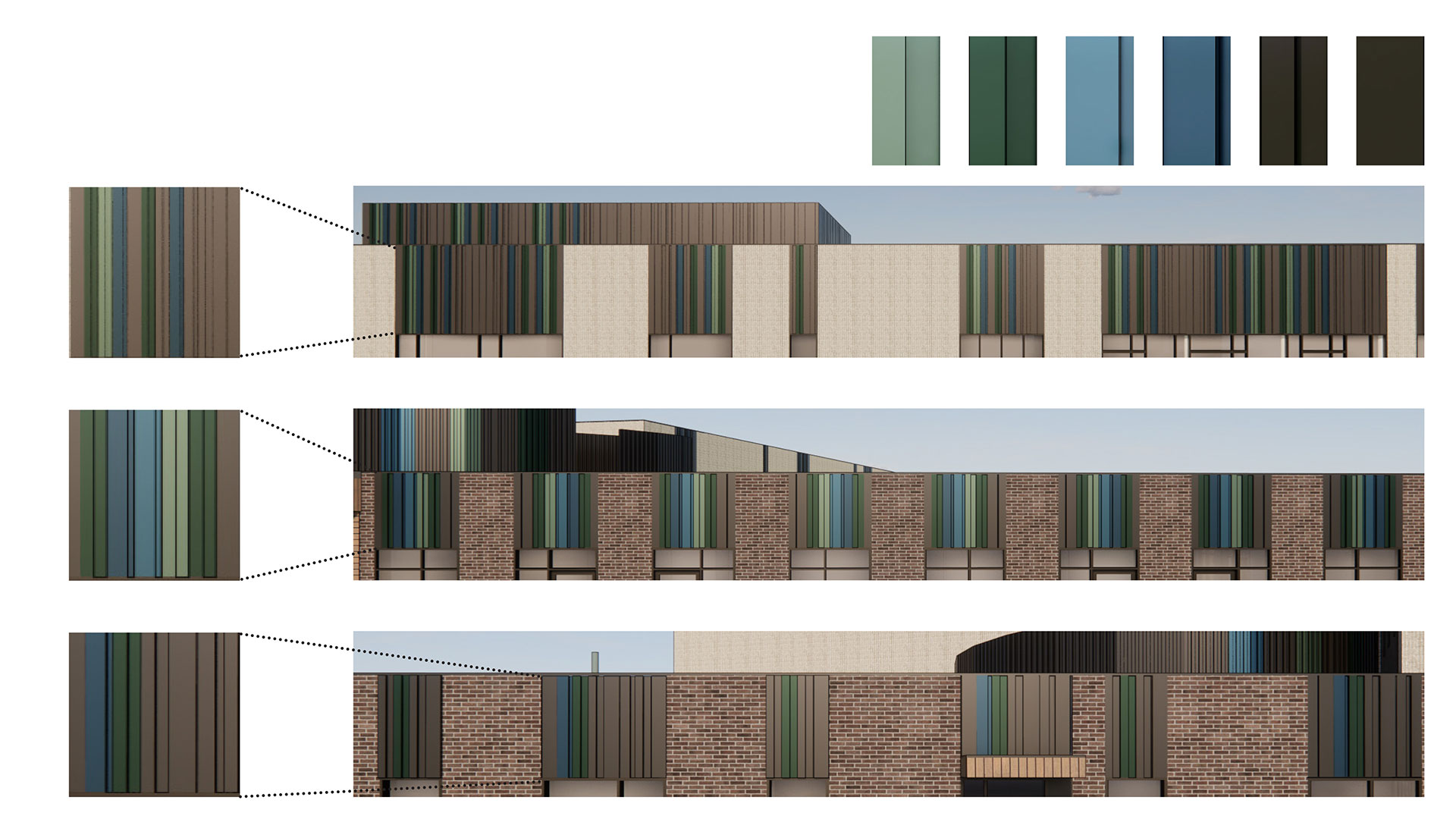 design details and color selections for the north, south and west facades