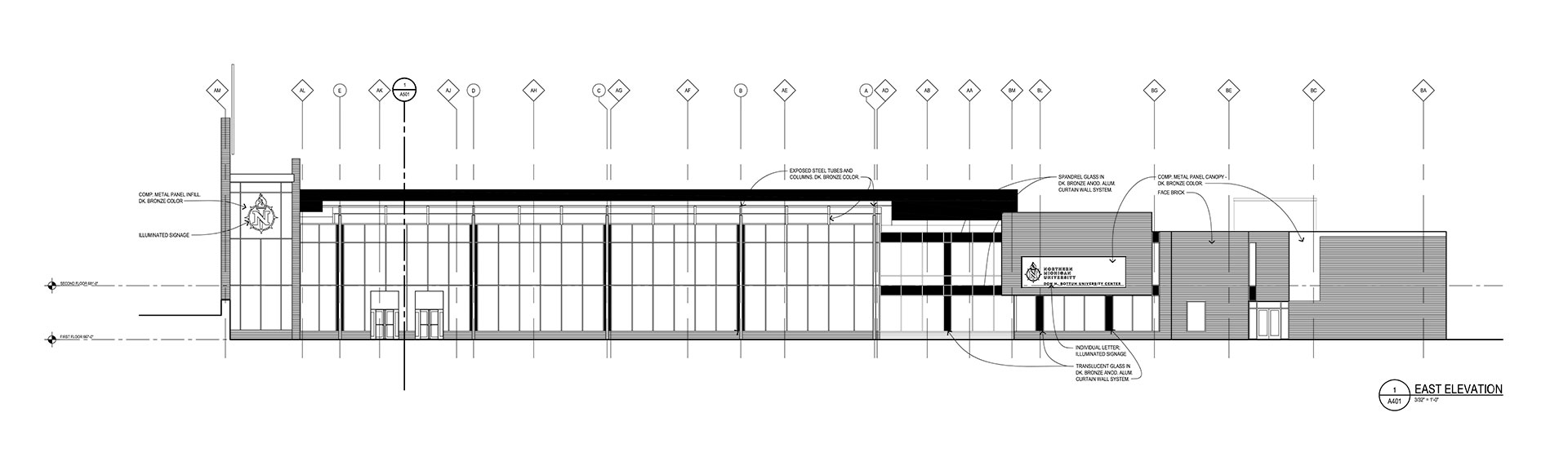 northern center east elevation black and white architectural line drawing