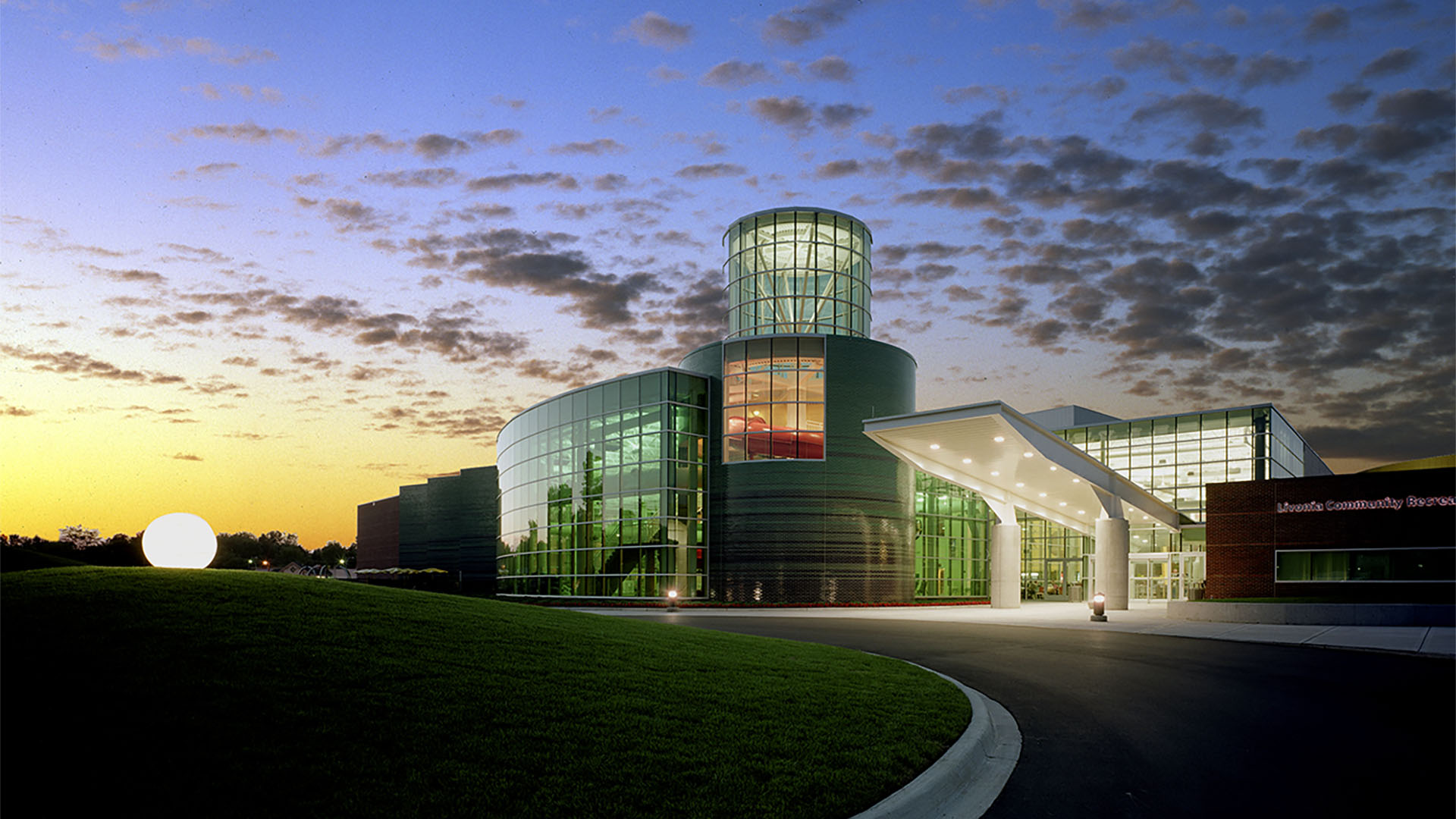 livonia recreation center facade at dusk